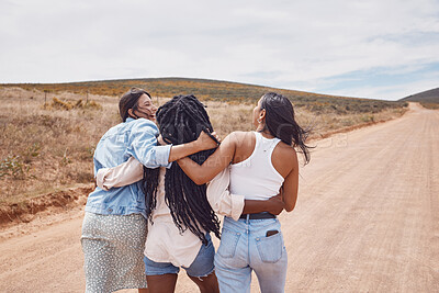 Buy stock photo Woman, friends and walking in hug for countryside travel, adventure or vacation trip together outdoors. Happy women hugging and taking a walk enjoying social life and traveling in dessert safari