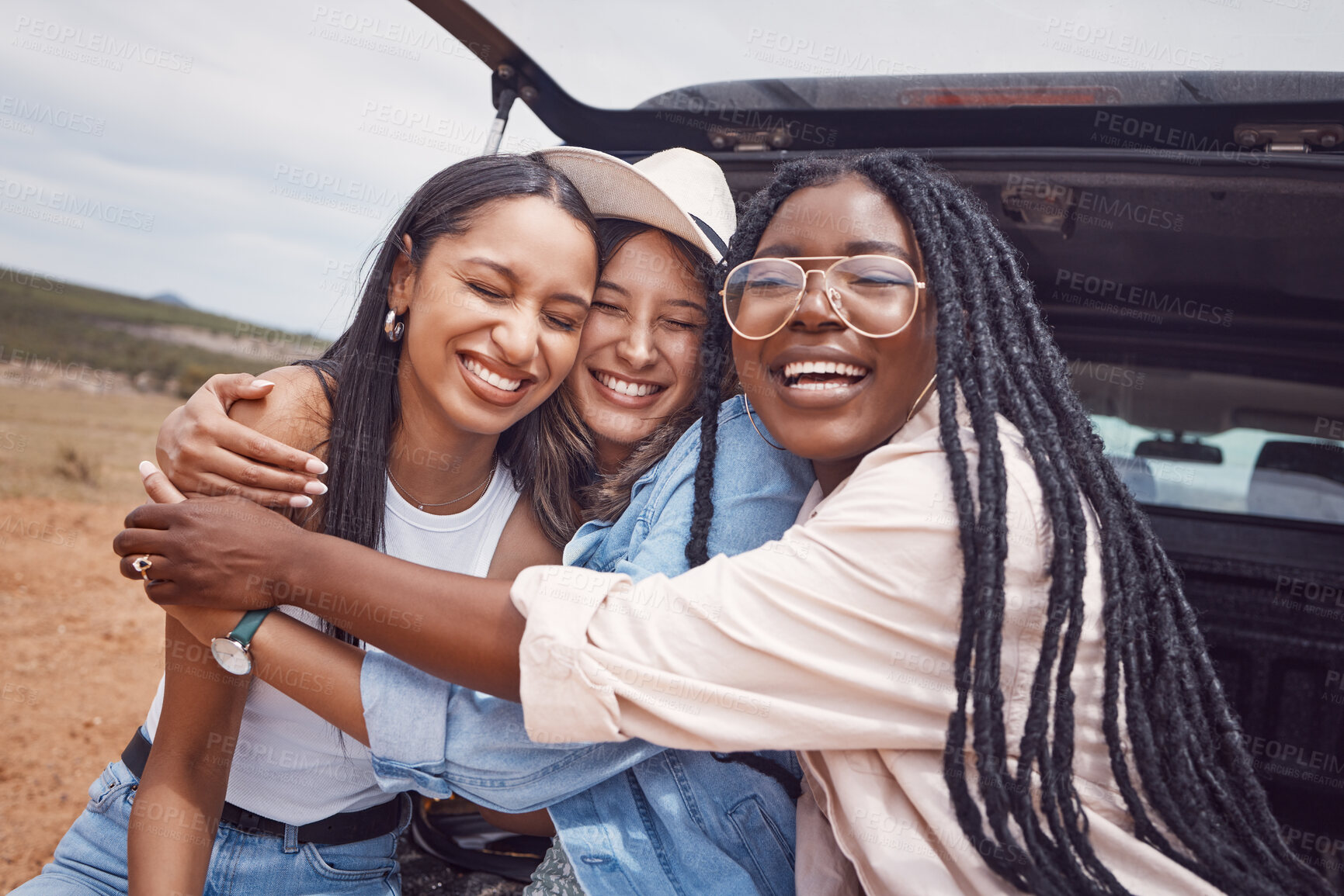 Buy stock photo Happy, smile and hug with friends on road trip in countryside for freedom, vacation and summer break. Travel, holiday and bonding with women relax in car for adventure, journey and transportation