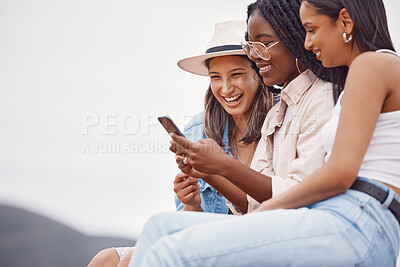 Buy stock photo Social media, laughing and women with a phone meme, funny website and communication in nature. Comic, 5g connection and friends reading a chat on a mobile app, streaming a video or news in Italy