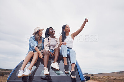 Buy stock photo Road trip selfie of women friends on car roof with sky mockup for social media, group travel and vacation. Profile picture of diversity youth or people in Africa safari, desert or countryside journey