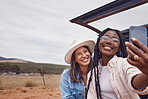 Happy, friends and selfie with women on road trip for travel, freedom and summer break in countryside. Smile, diversity and phone with girl and pictures in car for bonding, social media or technology