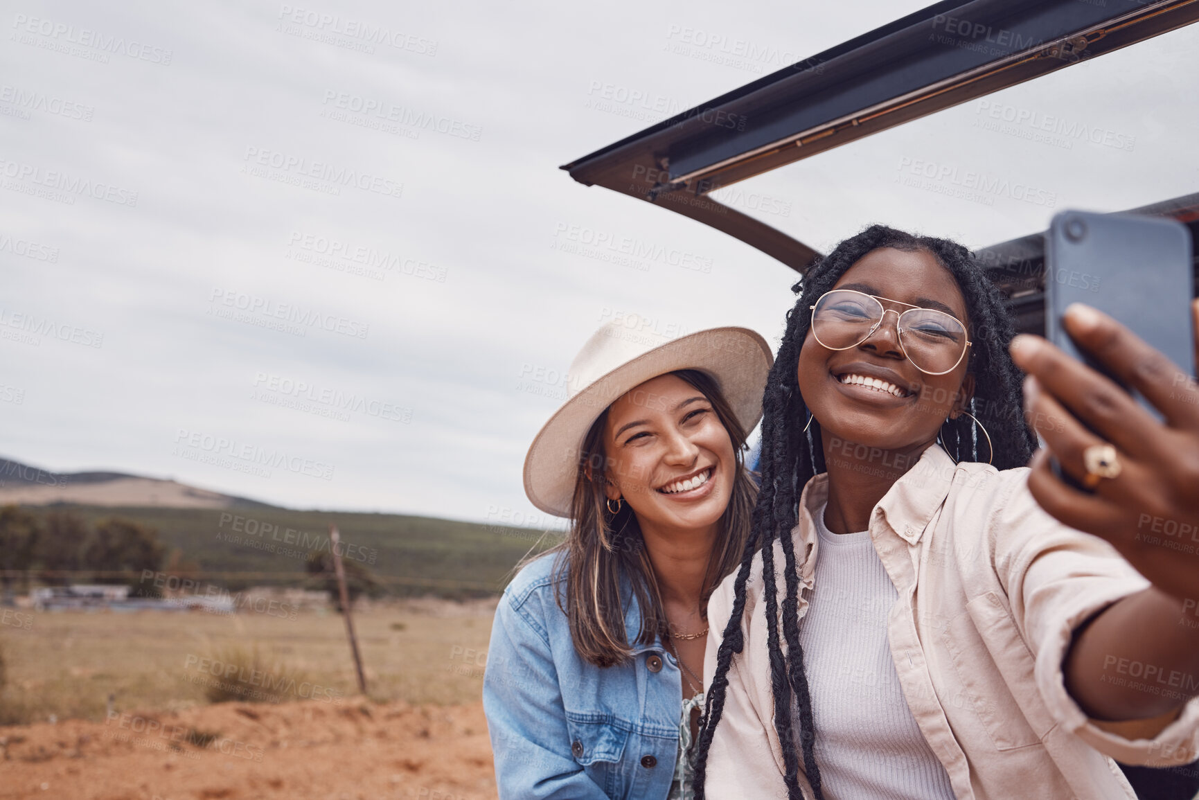 Buy stock photo Happy, friends and selfie with women on road trip for travel, freedom or summer in countryside mockup. Smile, diversity and phone with girl and pictures in car for bonding, social media or technology