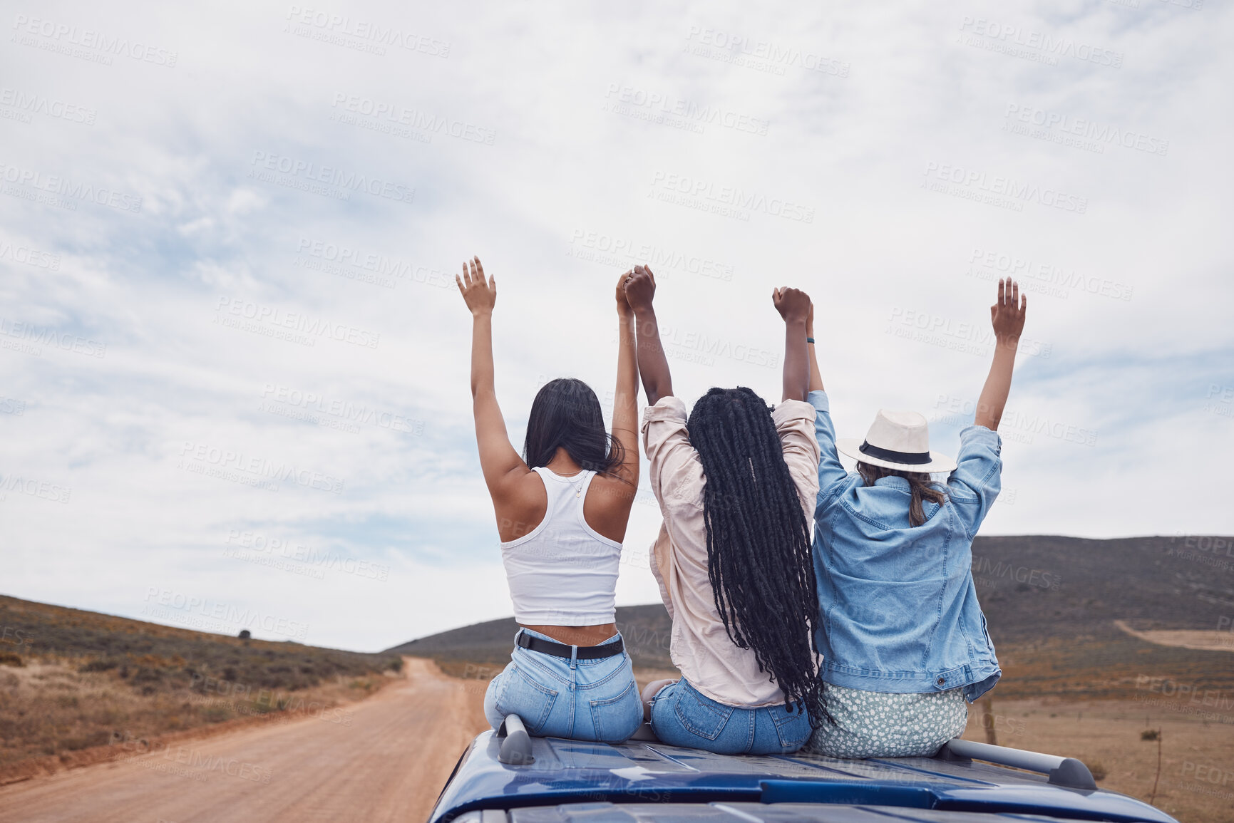 Buy stock photo Happy, freedom and travel with friends on road trip for adventure, journey and bonding with mockup. Summer, success and vacation with group of women on car for life celebration, nature and excited