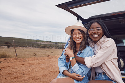 Buy stock photo Happy, smile and portrait of friends on road trip in countryside for freedom, vacation and summer break. Travel, hug and bonding with women relax in car for adventure, journey and transportation