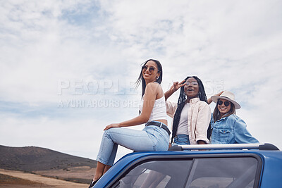 Buy stock photo Road trip, car and diversity friends relax on travel adventure for peace, wellness and outdoor freedom on Australia Safari. Countryside mockup sky, driving van or fun happy women on transport journey