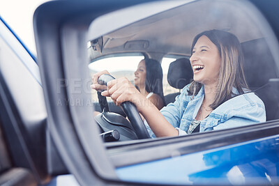 Buy stock photo Travel, mirror and friends with women in car driving for road trip, vacation and transportation. Summer break, happy and smile with reflection of girl driver on holiday for journey, auto or direction