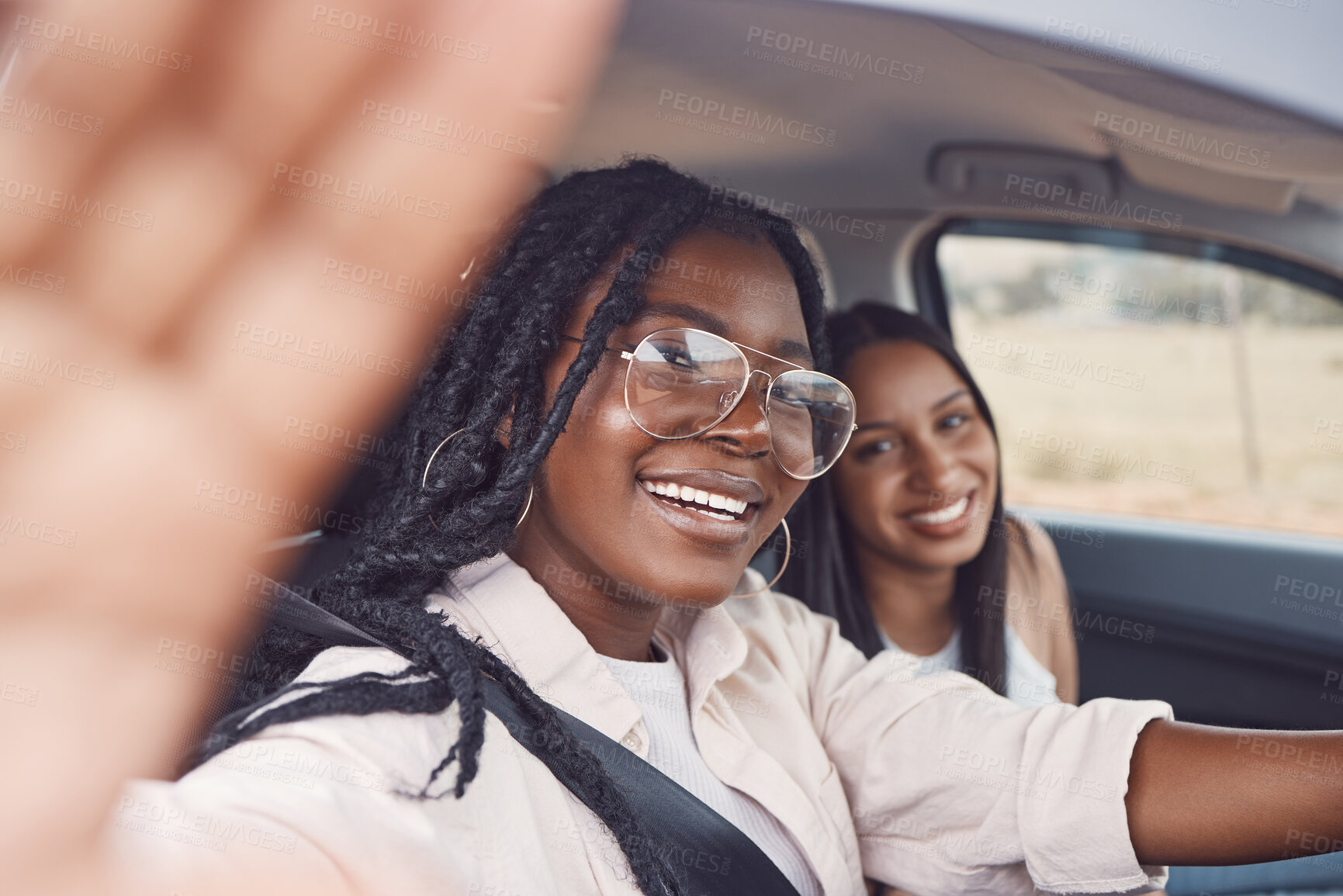 Buy stock photo Woman, friends and smile for road trip selfie, journey or holiday adventure together in the car. Happy women smiling for photo memories or social media in vehicle travel, transport or vacation break