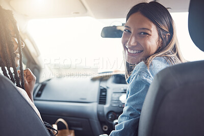 Buy stock photo Car road trip, happy portrait and woman relax on travel adventure for peace, wellness and outdoor freedom, Summer safari holiday, driving van and fun friends smile on Australia transportation journey