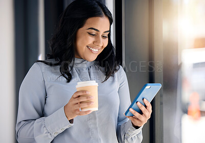 Buy stock photo Smile, businesswoman with phone and coffee on break browsing social media and internet or typing message. Technology, communication and happy woman standing in office, reading email on smartphone