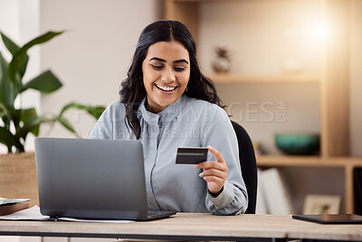 Buy stock photo Credit card, laptop and happy woman for online shopping, e commerce and payment on fintech in her office. Employee, indian person or worker on computer for internet banking, online investment or sale