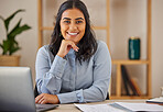 Happy, smile and portrait of Indian woman at desk for management, planning and data. Research, innovation and vision with face of employee in office for information, website and professional 