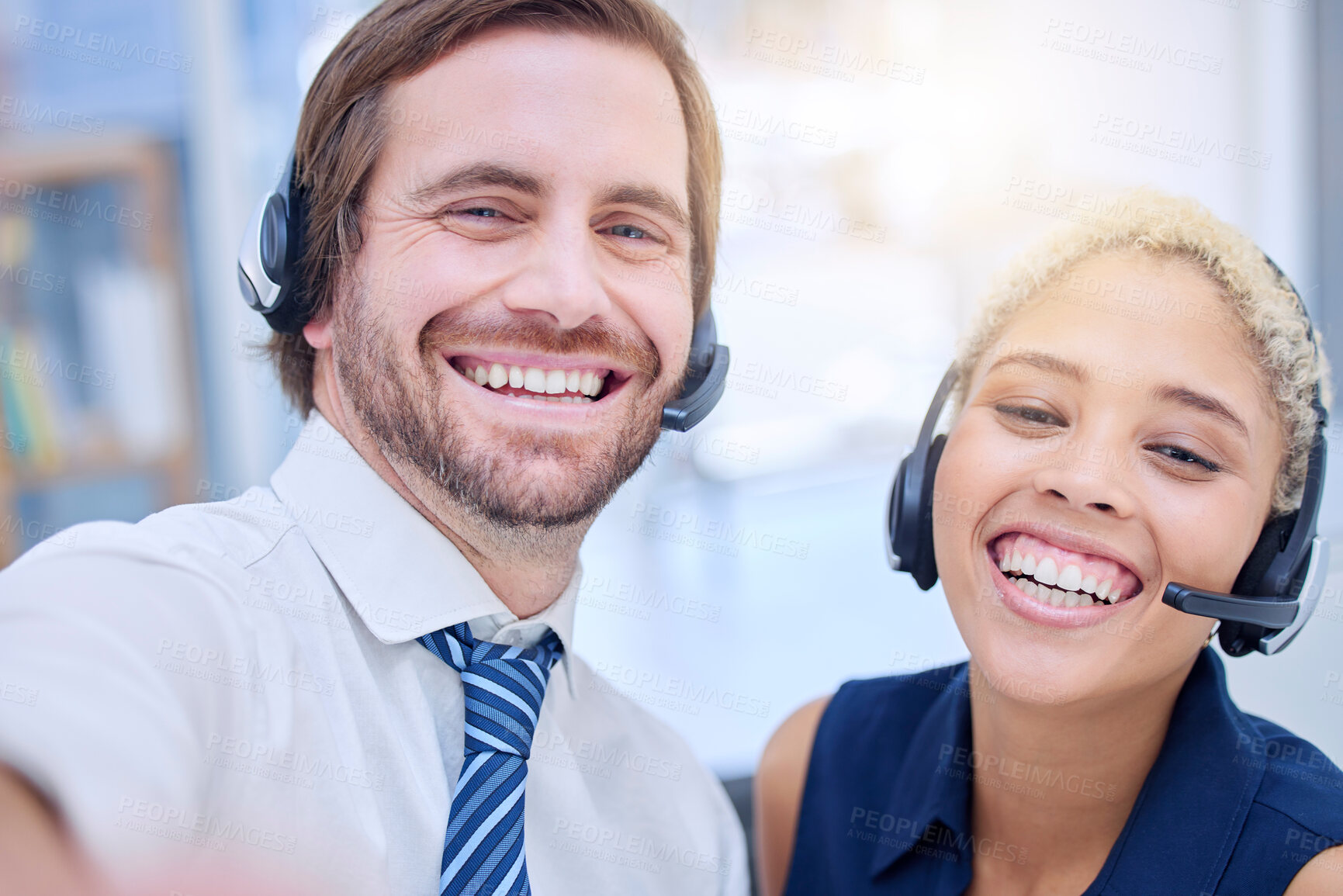 Buy stock photo Crm selfie, smile and call center employees happy from team building and consultation collaboration. Telemarketing group, about us workers and teamwork of consulting web support people ready for work