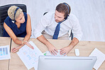 Call center, collaboration and overhead with a woman supervisor training a man employee in a telemarketing office. Customer care, teamwork and support with a female agent teaching a male colleague