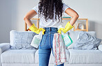 Hands, back and detergent for housekeeping, cleaning or disinfection safety from bacteria at home. Hand of cleaner in healthy hygiene, service or sanitize for germ or dust removal on living room sofa