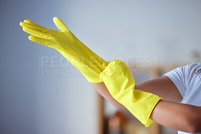 Buy stock photo Hands, latex gloves and preparation for housekeeping, cleaning or disinfection safety from bacteria at home. Hand of cleaner in healthy hygiene, protection or service for sanitize or germ removal