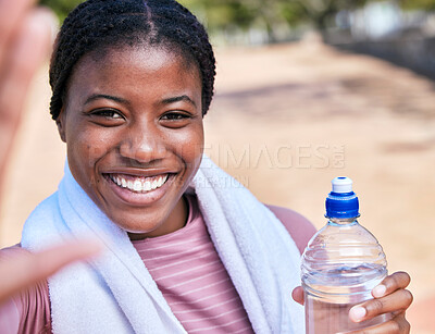 Buy stock photo Fitness, selfie portrait and black woman with water for hydration after exercise outdoors. Workout, sports training and face of happy female athlete taking pictures or photo for social media memory.