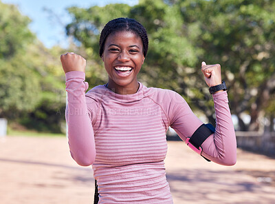 Buy stock photo Fitness success, runner portrait and black woman with a smile from sport motivation and winning. Excited, happy athlete and young person outdoor feeling achievement from exercise target goal