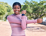 Portrait, black woman outdoor and stretching, training and fitness with smile, wellness and healthy lifestyle. Face, African American female athlete or happy lady stretch arms, practice and in nature