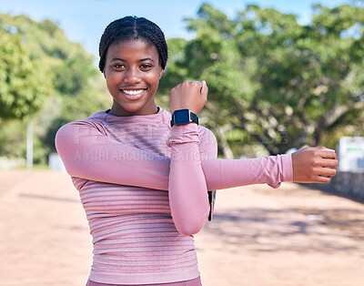 Buy stock photo Portrait, black woman outdoor and stretching, training and fitness with smile, wellness and healthy lifestyle. Face, African American female athlete or happy lady stretch arms, practice and in nature