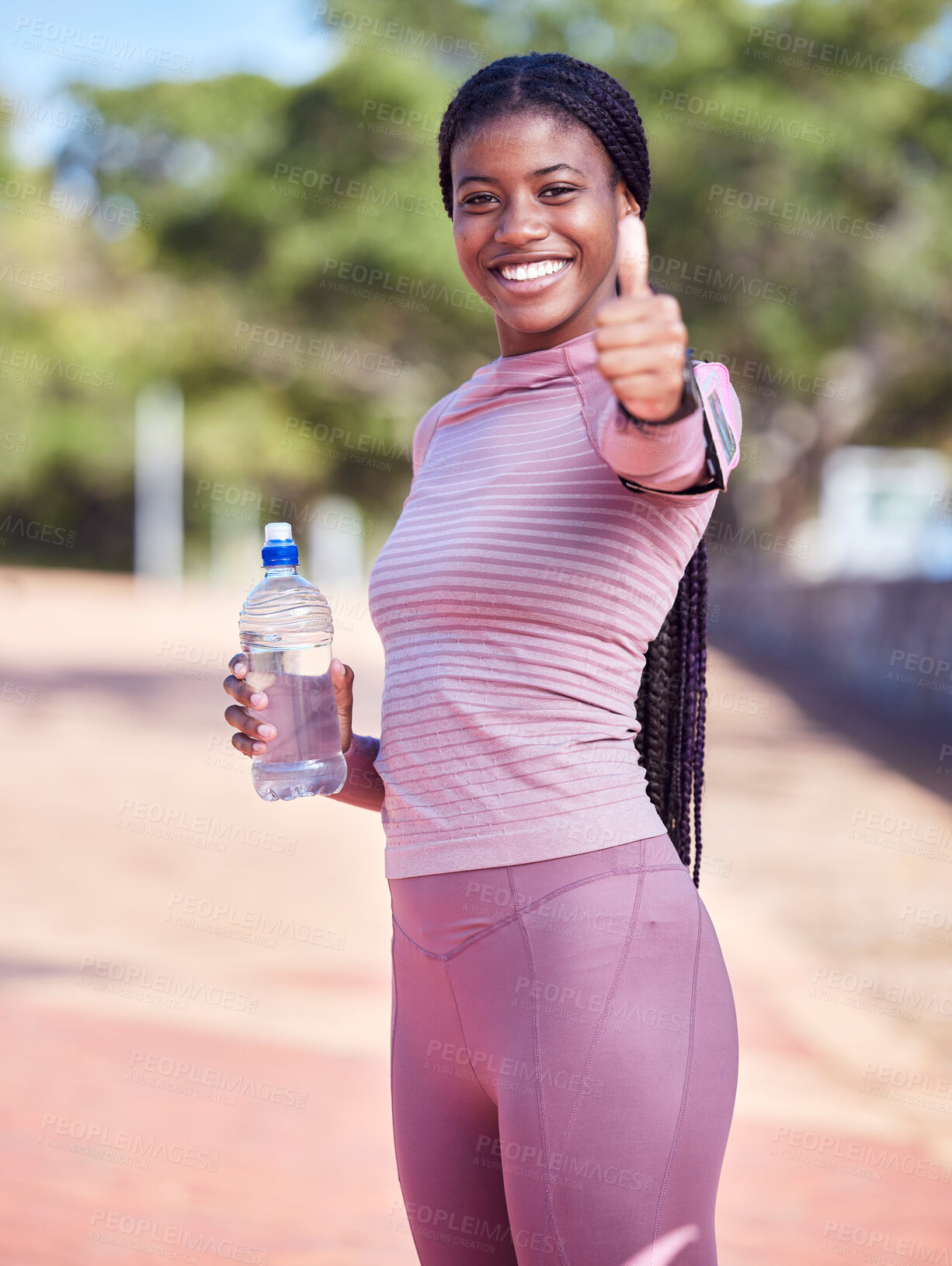 Buy stock photo Fitness, portrait and black woman thumbs up with water for exercise, health and wellness goals outdoors. Sports training, motivation and happy female athlete with hand gesture for success or support.