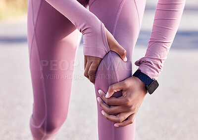 Buy stock photo Knee pain, hands and fitness injury on road or street outdoors after accident. Sports, training athlete and black woman with leg inflammation, fibromyalgia or broken bones after exercise or workout