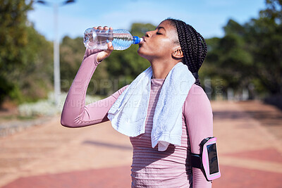 Buy stock photo Fitness, black woman and drinking water for hydration, training and exercise for wellness, healthy lifestyle and workout. African female athlete, lady and runner with bottle, aqua and liquid for rest