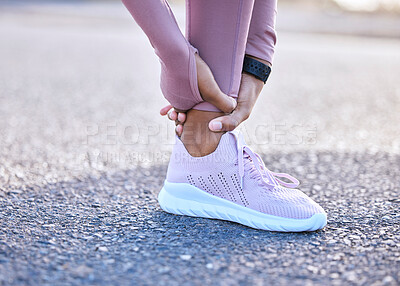 Buy stock photo Pain, ankle hands and fitness injury on road or street outdoors after accident. Sports, training athlete and black woman with leg inflammation, fibromyalgia or broken bones after exercise or workout.