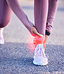 Ankle hands, pain and fitness injury on road or street outdoors after accident. Sports, training athlete and black woman with leg inflammation, fibromyalgia or broken bones after exercise or workout.
