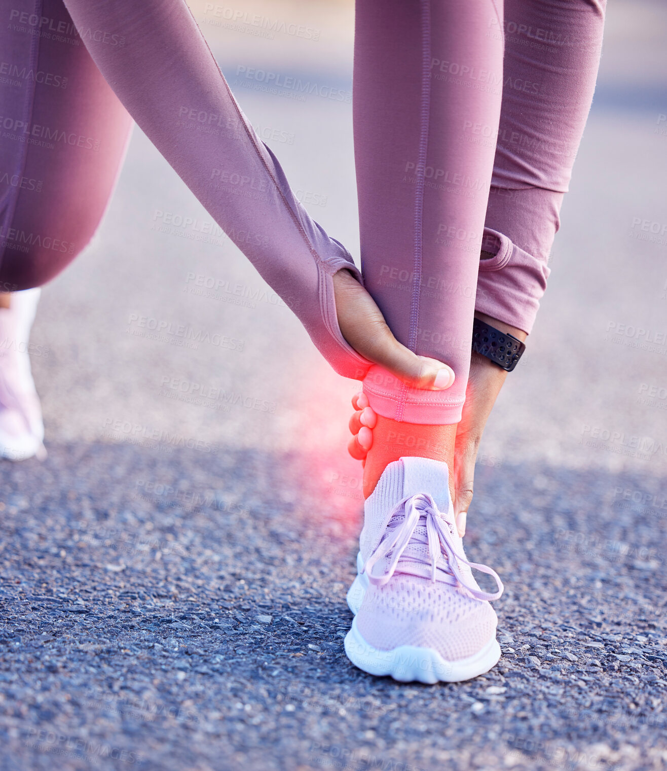 Buy stock photo Ankle hands, pain and fitness injury on road or street outdoors after accident. Sports, training athlete and black woman with leg inflammation, fibromyalgia or broken bones after exercise or workout.
