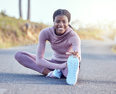 Buy stock photo Running, stretching and portrait of black woman in road for jogging, workout and cardio exercise. Training, health and marathon with runner in street and legs warm up for wellness, sports and goal