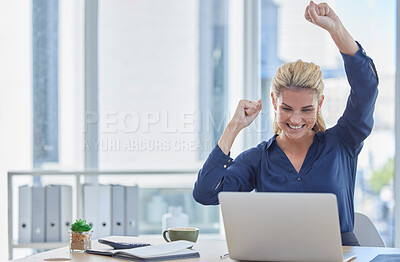 Buy stock photo Business woman, laptop and celebration for winning, promotion or victory bonus at office desk. Happy female employee celebrating win, deal or discount on sales or good news on computer at workplace