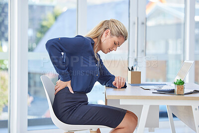 Buy stock photo Back pain, office chair and woman with medical, healthcare and muscle problem working at an uncomfortable desk. Burnout, tired and stress of business worker or professional person with spine risk