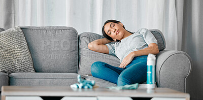 Buy stock photo Tired, burnout and woman sleeping after cleaning, housework and cleaner fatigue on the sofa. Stress, bored and girl on the couch for sleep after a routine to clean the house in the living room