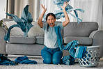 Laundry, angry and woman with clothes in air frustrated from cleaning, housekeeping and housework. Burnout, washing basket and upset, stressed and shouting female maid in living room throw clothing