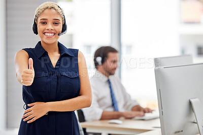Buy stock photo Success, portrait or happy consultant with thumbs up in call center helping with financial loan advice. Crm, black woman or insurance agent in communication at customer services with like or ok sign