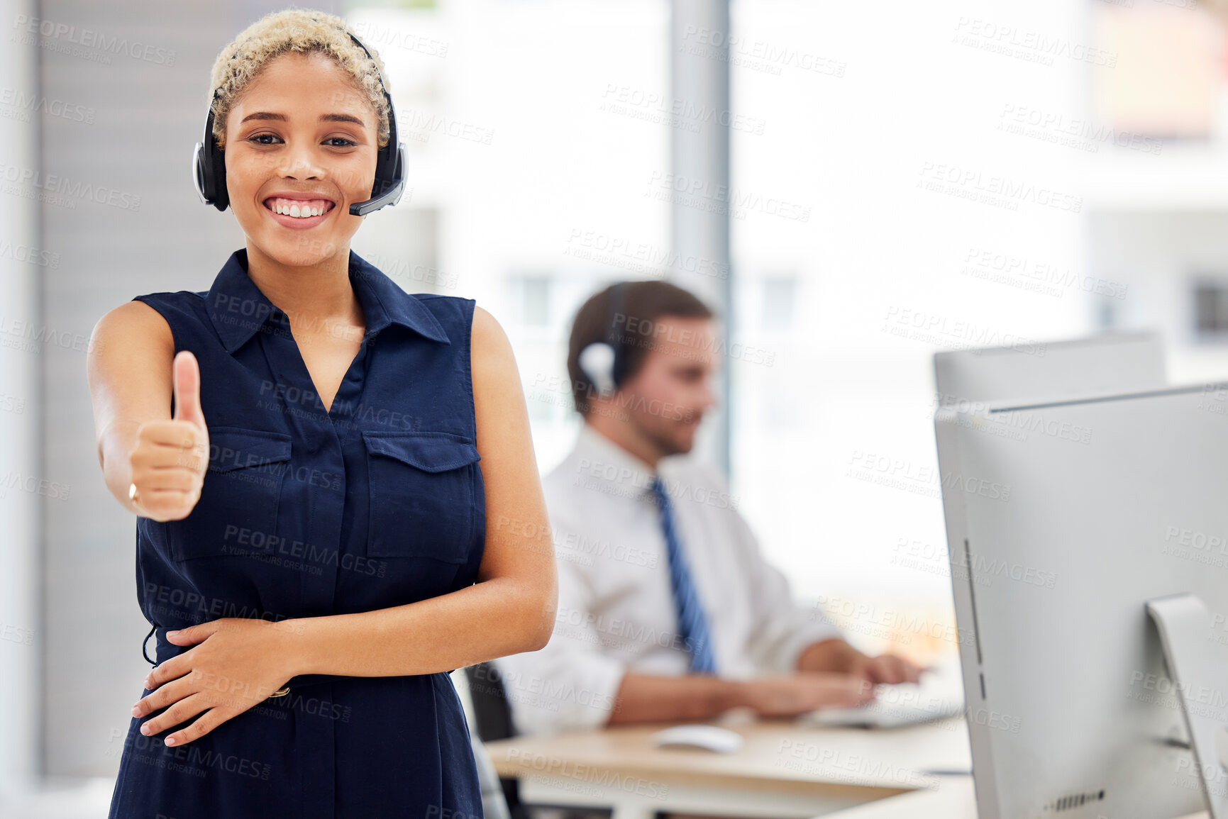 Buy stock photo Success, portrait or happy consultant with thumbs up in call center helping with financial loan advice. Crm, black woman or insurance agent in communication at customer services with like or ok sign