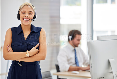 Buy stock photo Crm, black woman and call center portrait with smile from telemarketing success and consultant work. Consulting, contact us and customer service employee with headphones and happiness from web help