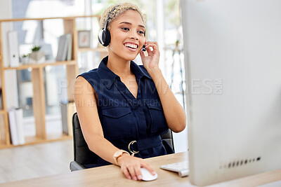 Buy stock photo Callcenter, customer service or woman on computer for consultant support, consulting or networking in office. Happy, CRM or sales advisor on tech for telemarketing research or telecom contact us help