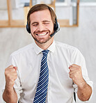 Success, crm happiness and portrait of business man in call center with smile from promotion. Happy, consulting and winning achievement of a contact us telemarketing employee excited from bonus