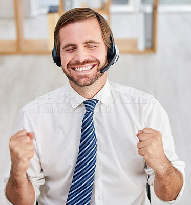 Buy stock photo Success, crm happiness and portrait of business man in call center with smile from promotion. Happy, consulting and winning achievement of a contact us telemarketing employee excited from bonus