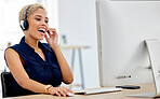 Callcenter, customer service or woman on computer for customer support, consulting or networking in office. Manager, CRM or sales advisor on tech for telemarketing, research or contact us help 