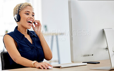 Buy stock photo Callcenter, customer service or woman on computer for customer support, consulting or networking in office. Manager, CRM or sales advisor on tech for telemarketing, research or contact us help 