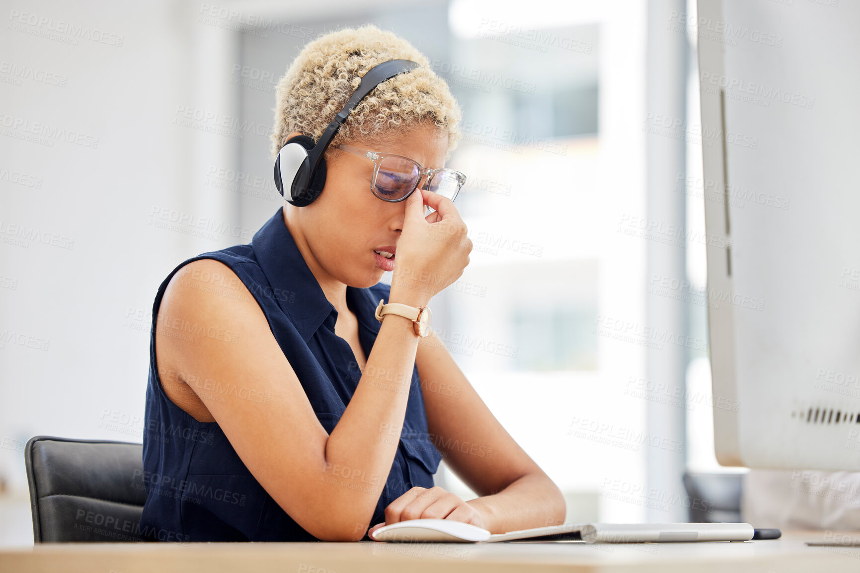 Buy stock photo Stress, headache or black woman in call center with burnout, fatigue or migraine pain at customer services. Tired, depression or sick consultant in a telemarketing or telecom communications company 