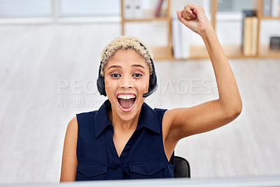 Buy stock photo Success, crm celebration and portrait of black woman in call center with happiness from promotion. Happy. consulting and winning achievement of a female telemarketing employee excited from bonus