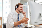 Callcenter, customer service or man on computer for customer support, consulting or networking in office. Manager, CRM or sales advisor on tech for telemarketing, research or telecom contact us help