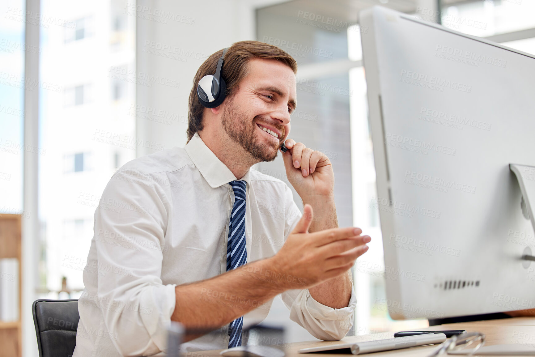 Buy stock photo Callcenter, customer service or man on computer for virtual support, consulting or networking in office. Manager, CRM or sales advisor on tech for telemarketing, research or telecom contact us help