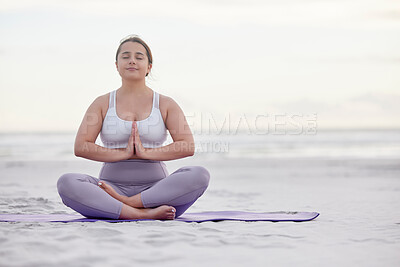 Buy stock photo Yoga meditation zen, beach and woman meditate for spiritual mental health, chakra energy balance or soul healing. Nature mockup, freedom peace and plus size girl with mindfulness, mindset or wellness