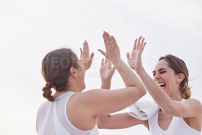 Buy stock photo Exercise, women and high five for celebration, workout goal and fitness outdoor, support and achievement. Females, athlete and girl with gesture for victory, winning and happiness for target or smile