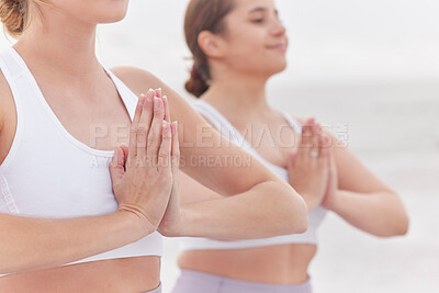 Buy stock photo Yoga, meditation and women with hands together, fitness or practice for balance, healthy lifestyle or wellness. Females, ladies or gesture for peace, pilates training or exercise to relax and outdoor