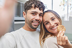Cookie, love and selfie with couple, smile and happiness in the morning, celebration for Valentines day and cheerful together. Portrait, man and woman with biscuit, loving or bonding for relationship